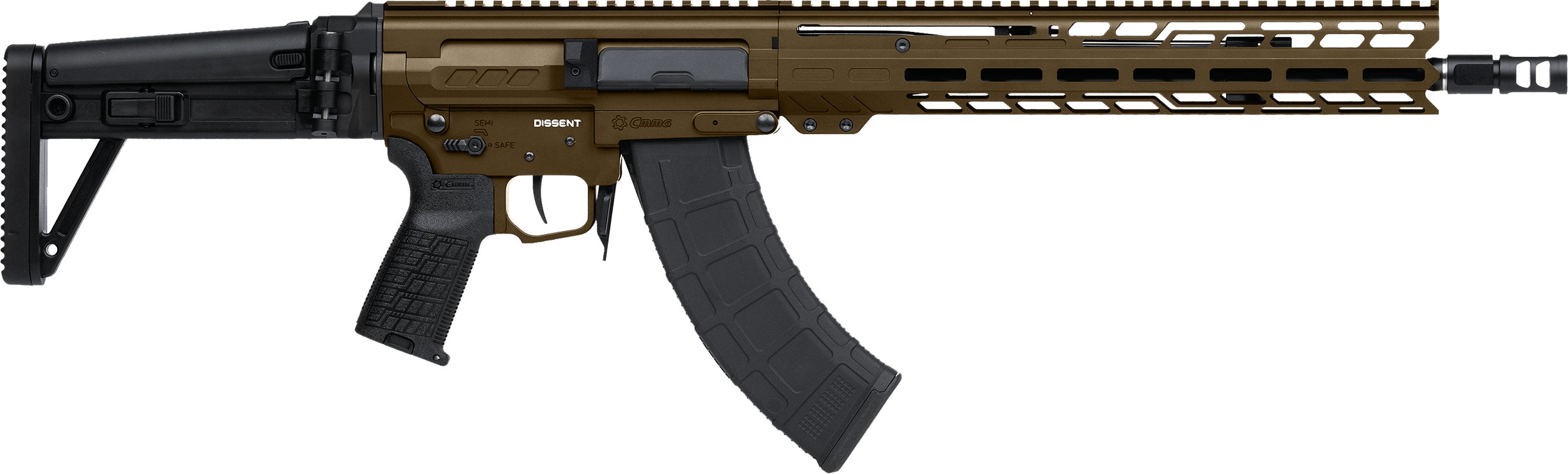 CMMG 86A7F0BMB Dissent MK47 7.62x39mm 30+1 (2) 14.30" P&W Midnight Bronze Rec/13.50" M-Lok Handguard Side Charging Handle Black Side Folding Stock Zeroed Grip SVD Brake 60/90 Ambi Safety Adj. Gas Block