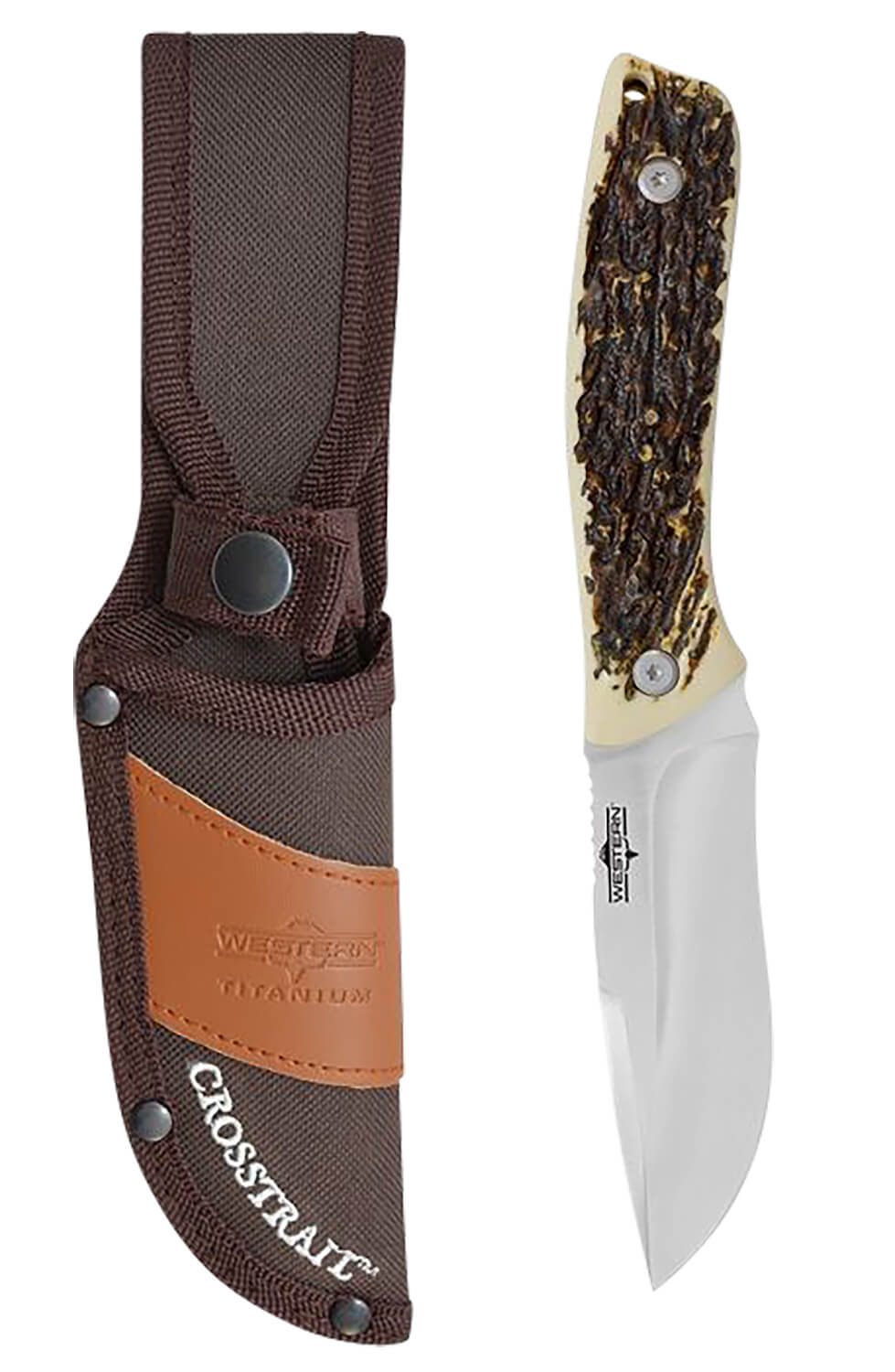 Camillus 19246 Western Crosstrail 4.25" Fixed Drop Point Plain Silver 420 Steel Titanium Bonded Blade Stag/Antler Delrin Handle Includes Belt Loop/Sheath - Image 3