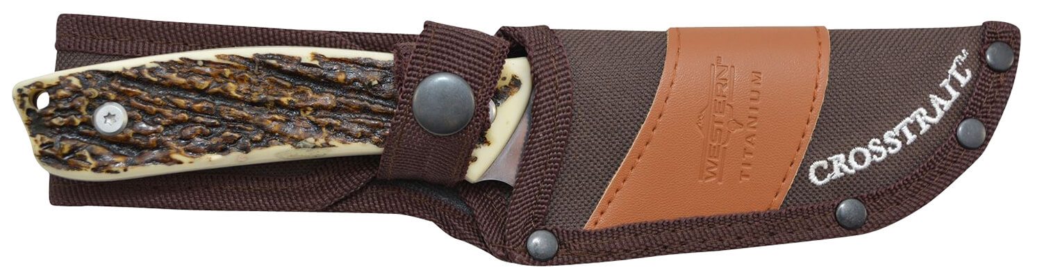 Camillus 19247 Western Crosstrail 4.25" Fixed Gut Hook Plain Silver 420 Steel Titanium Bonded Blade Stag/Antler Delrin Handle Includes Belt Loop/Sheath - Image 2