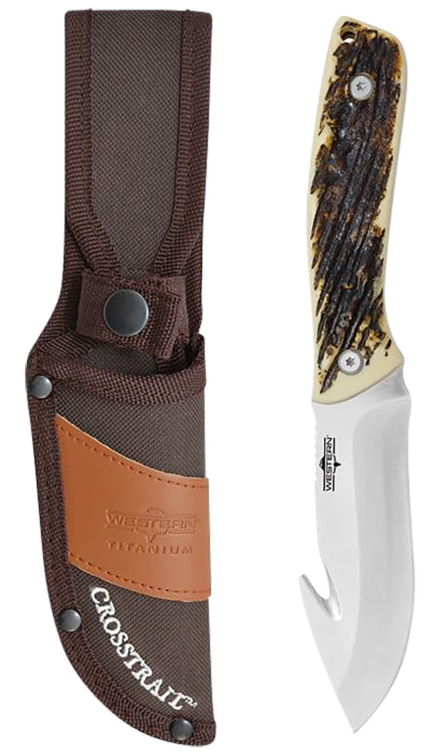 Camillus 19247 Western Crosstrail 4.25" Fixed Gut Hook Plain Silver 420 Steel Titanium Bonded Blade Stag/Antler Delrin Handle Includes Belt Loop/Sheath - Image 3