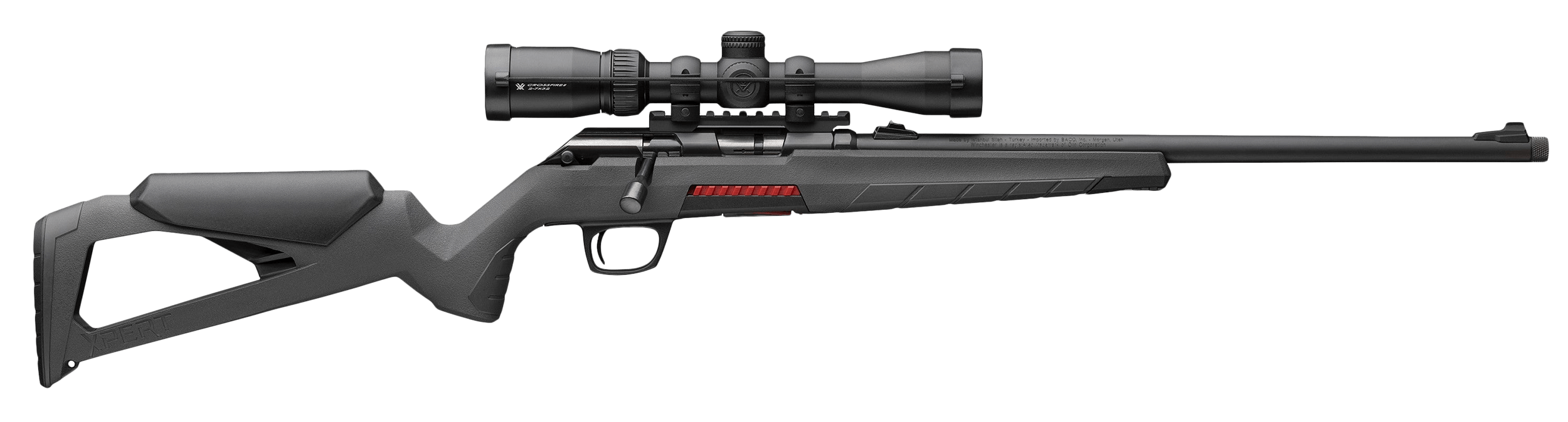 Winchester Repeating Arms 525234102 Xpert Full Size 22 LR 8+1 16.50" Matte Black Threaded Sporter Barrel Drilled & Tapped Steel Receiver Gray Synthetic Molded Stock Vortex Crossfire II 2-7x32mm scope.