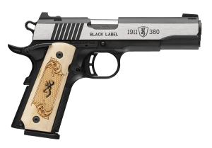 Browning 051998492 1911-380 Black Label Medallion Full Size Frame 380 ACP 8+1 4.25" Stainless Steel Barrel Stainless Steel w/Blackened Slide Flats Serrated Slide Matte Black Aluminum Frame w/Beavertail Maple Wood Grip