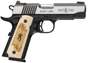 Browning 051999492 1911-380 Black Label Medallion Compact Frame 380 ACP 8+1 3.63" Stainless Steel Barrel Stainless Steel w/Blackened Slide Flats Serrated Slide Matte Black Aluminum Frame w/Beavertail Maple Wood Grip