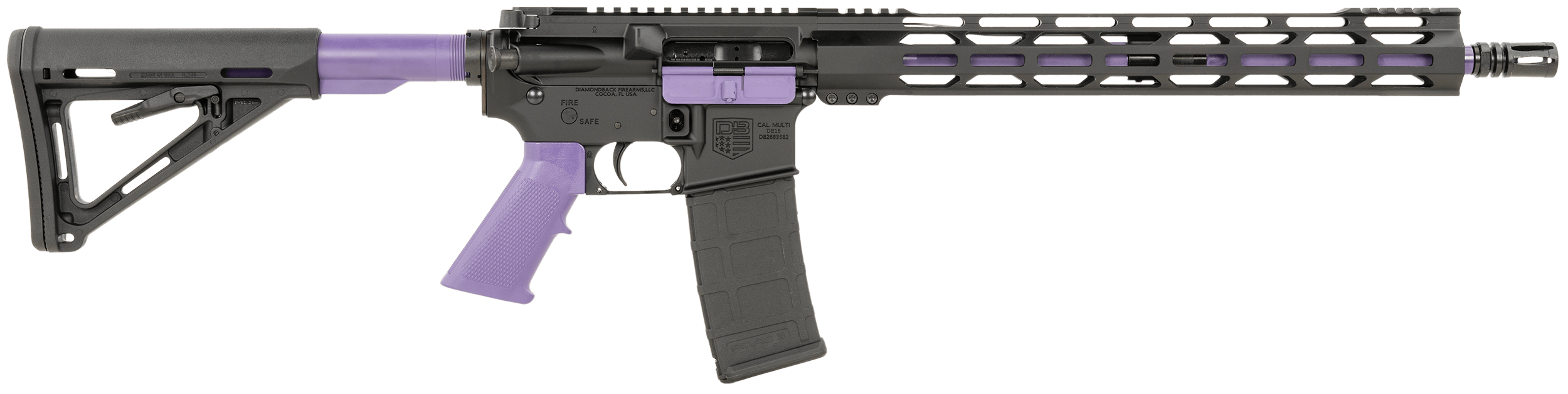 Diamondback DB175AK271 DB15 GunStuff Exclusive 223 Rem/5.56 NATO 30+1 16" Black Nitride Threaded Barrel Hard Coat Anodized Picatinny Rail Aluminum Receiver 7" Magpul M-LOK Handguard Purple Synthetic Magpul Carbine Stock Purple Cerakote LPK Grip