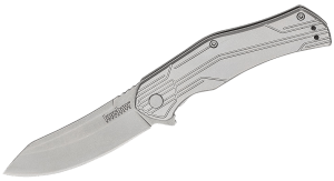 Kershaw 1380X Husker EDC 3" Folding Trailing Point Plain Bead Blasted 8Cr13MoV SS Blade Stonewashed Stainless Steel Handle Clamshell Packaging