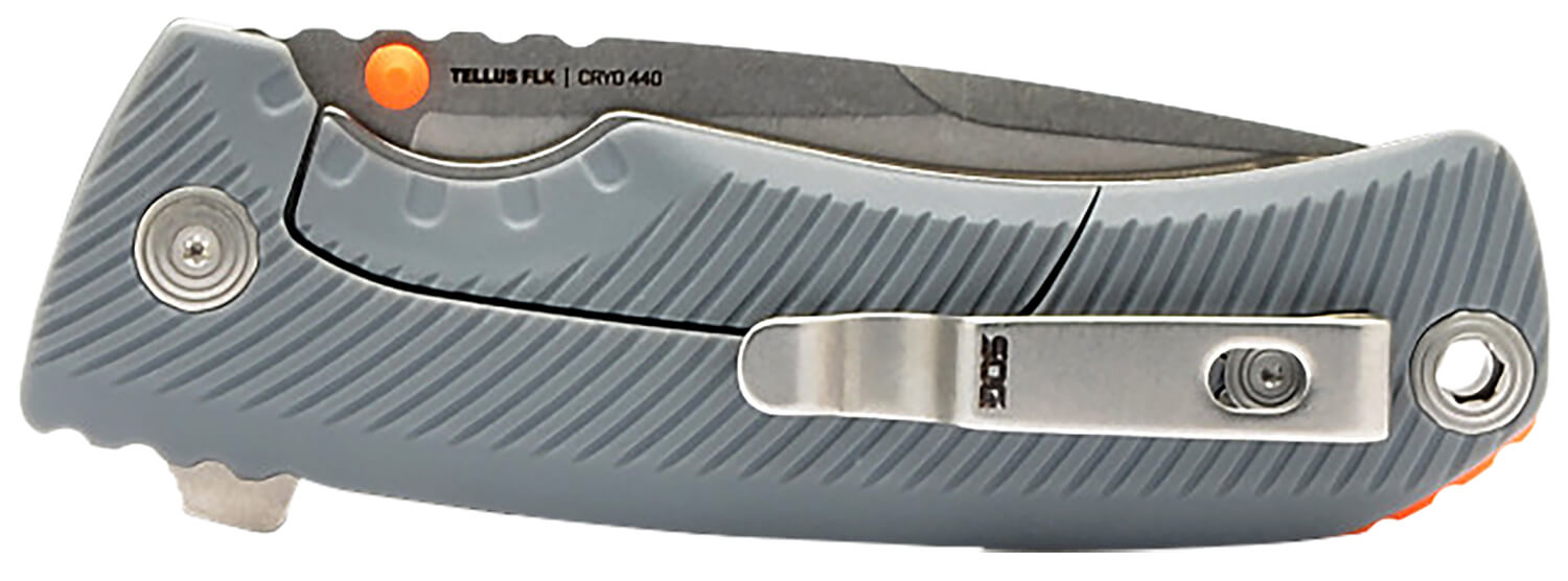S.O.G SOG14060243 Tellus FLK 3.65" Folding Clip Point Plain Stonewashed Cryo 440C SS Blade Wolf Gray Textured GRN Handle Blister Pack - Image 3