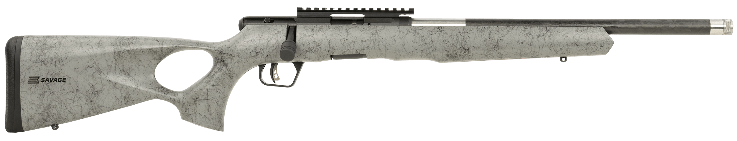 Savage Arms 70518 B Series TimberLite 22 WMR 10+1 18" Black Threaded Carbon Fiber/SS Barrel Black Picatinny Rail Steel Receiver Gray w/Black Webbing Synthetic Fixed Thumbhole Stock