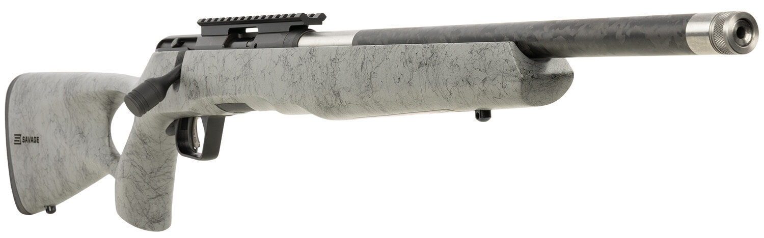 Savage Arms 70518 B Series TimberLite 22 WMR 10+1 18" Black Threaded Carbon Fiber/SS Barrel Black Picatinny Rail Steel Receiver Gray w/Black Webbing Synthetic Fixed Thumbhole Stock - Image 3