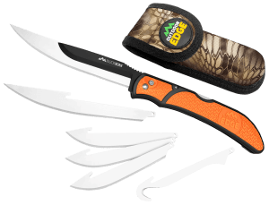 Outdoor Edge RBB20C RazorBone 6 Blades Folding 3.40" Gut Hook/3.50" Drop Point/5" Fillet Satin/Black Oxide 420J2 SS Blades Blaze Orange Textured Grivory w/TPR Inserts Handle