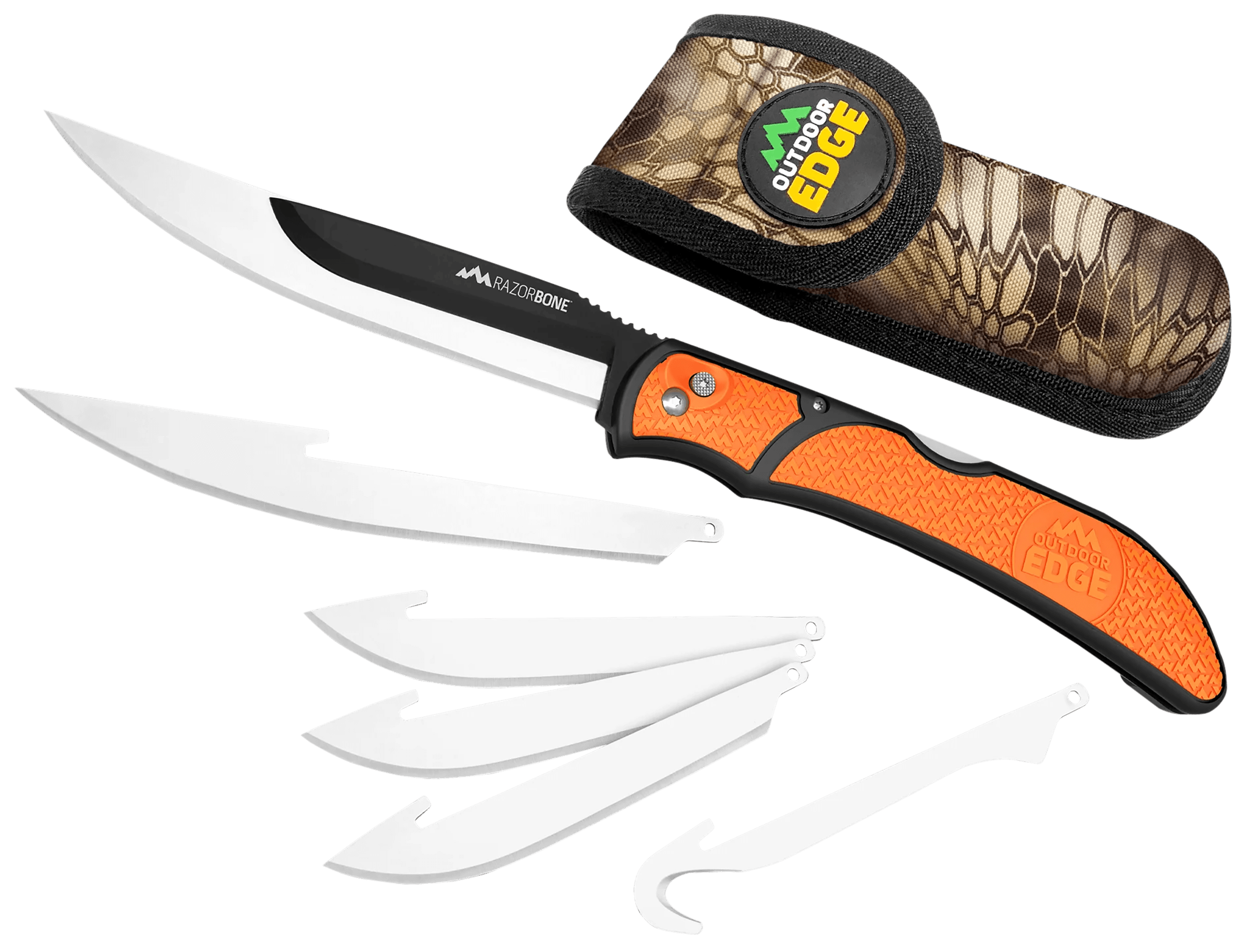 Outdoor Edge RBB20C RazorBone 6 Blades Folding 3.40" Gut Hook/3.50" Drop Point/5" Fillet Satin/Black Oxide 420J2 SS Blades Blaze Orange Textured Grivory w/TPR Inserts Handle