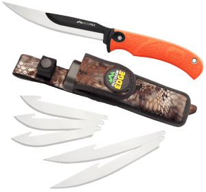 Outdoor Edge RMB20C RazorMax 6 Blades 3.50" Drop Point/5" Boning Fillet Folding Plain Satin/Black Oxide 420J2 SS Blades Blaze Orange Textured TPR Handle