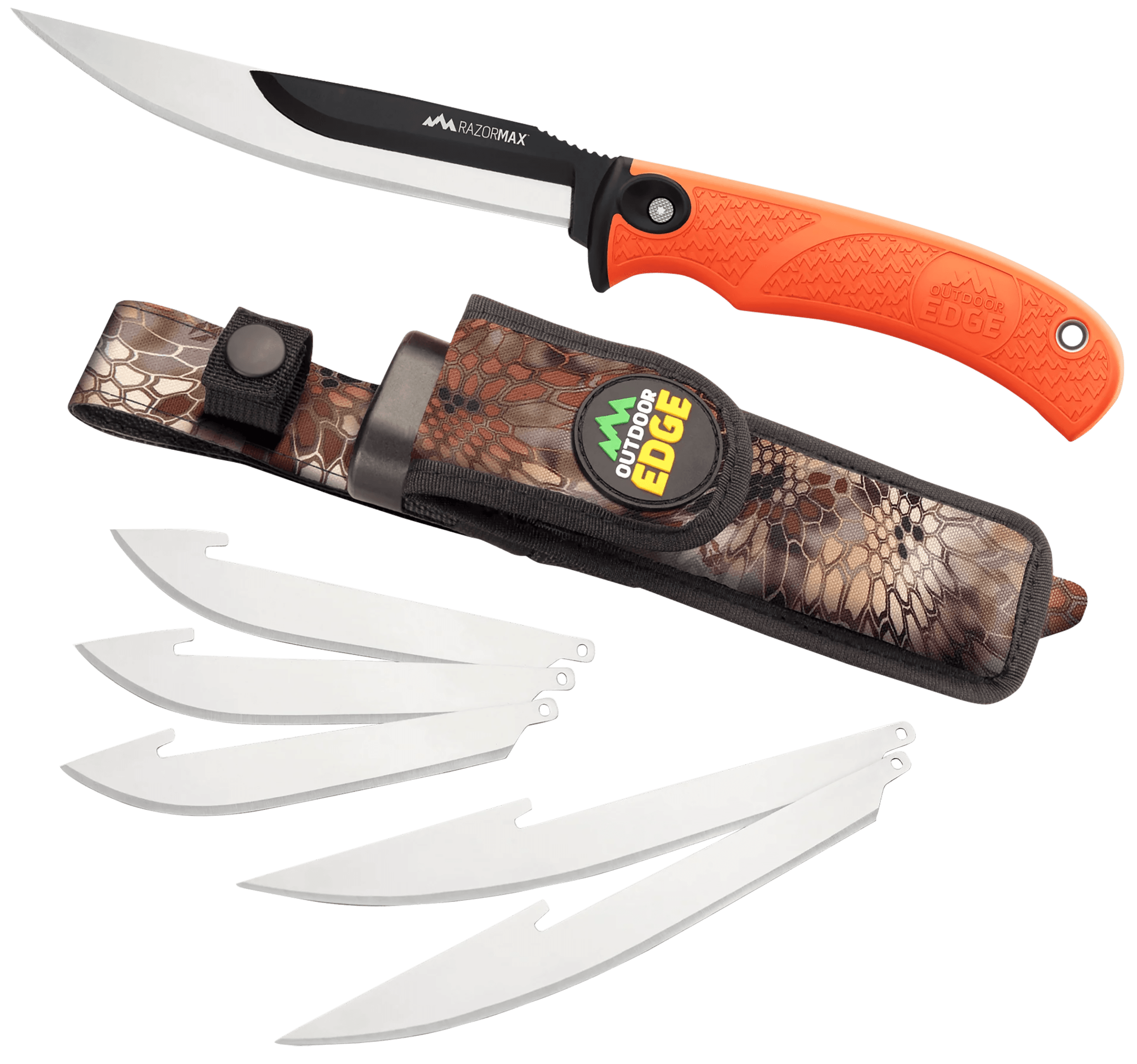 Outdoor Edge RMB20C RazorMax 6 Blades 3.50" Drop Point/5" Boning Fillet Folding Plain Satin/Black Oxide 420J2 SS Blades Blaze Orange Textured TPR Handle