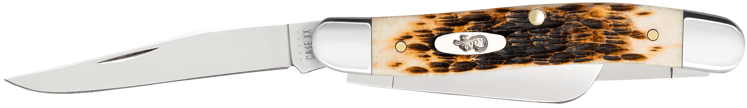 Case 00042 Stockman Medium 2.57"/1.88"/1.71" Folding Clip Point/Sheepsfoot/Spey Plain Mirror Polished Tru-Sharp SS Blade Peach Seed Jigged Amber Bone Handle