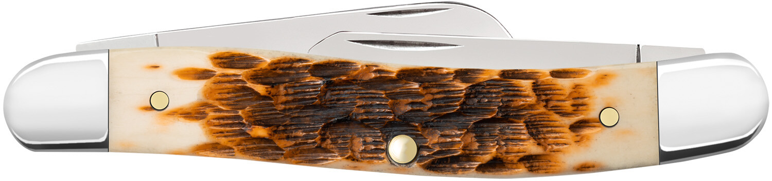 Case 00042 Stockman Medium 2.57"/1.88"/1.71" Folding Clip Point/Sheepsfoot/Spey Plain Mirror Polished Tru-Sharp SS Blade Peach Seed Jigged Amber Bone Handle - Image 2