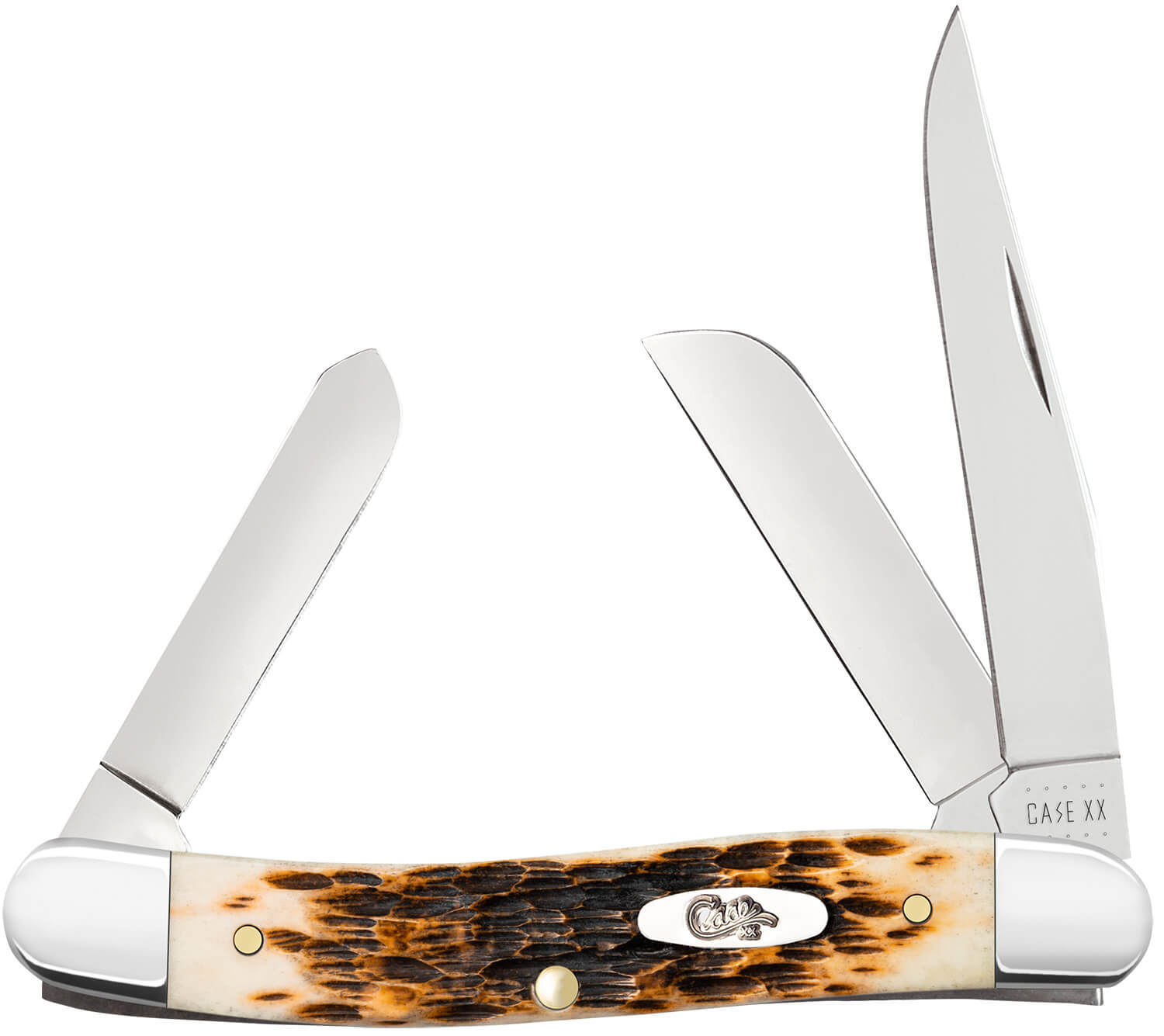 Case 00042 Stockman Medium 2.57"/1.88"/1.71" Folding Clip Point/Sheepsfoot/Spey Plain Mirror Polished Tru-Sharp SS Blade Peach Seed Jigged Amber Bone Handle - Image 3