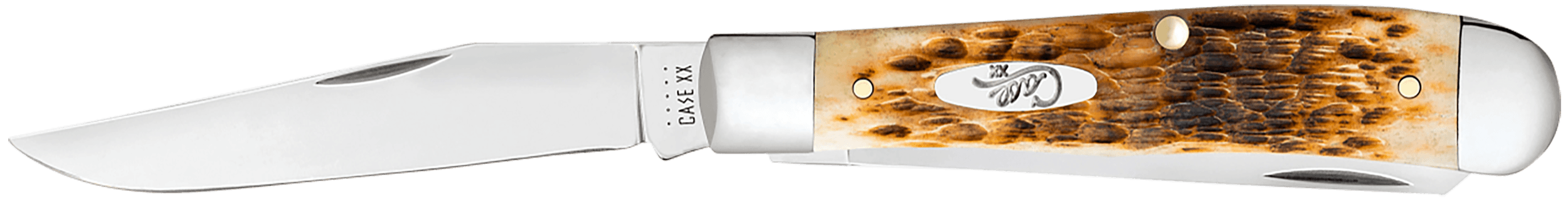 Case 00164 Trapper Medium 3.25"/3.27" Folding Clip Point/Spey Plain Mirror Polished Tru-Sharp SS Blade Peach Seed Jigged Amber Bone Handle