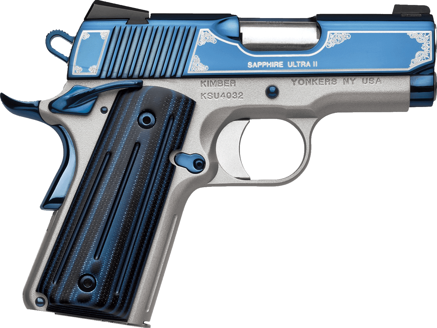 Kimber Mfg Inc 3200362 Sapphire Ultra II 45ACP 8+1 3" Bright Blue PVD Coating Stainless Steel Slide Satin Silver G10 Grip