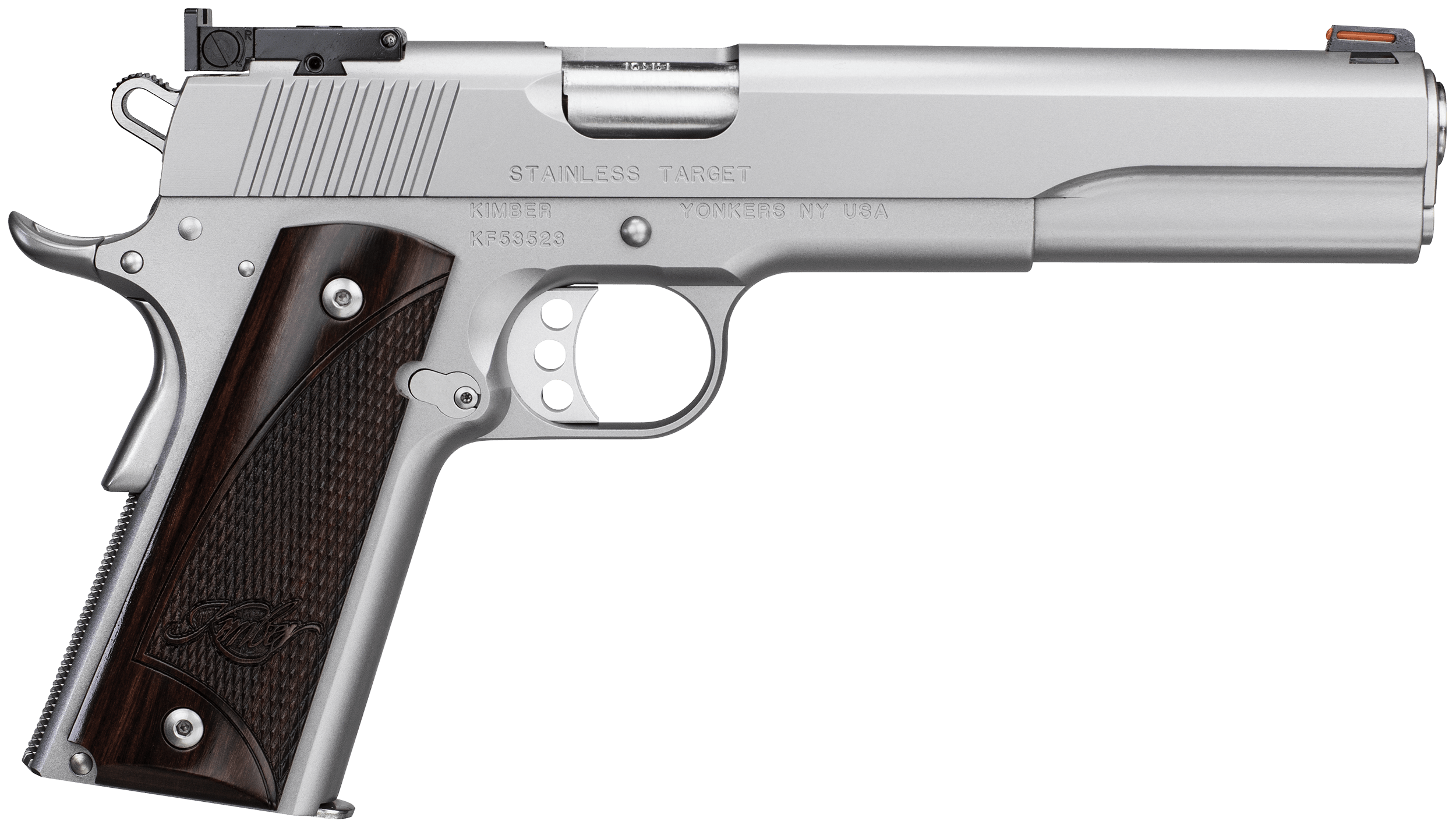 Kimber Mfg Inc 3000373 Stainless Target LS 45ACP 7+1 6" Ramped Barrel Satin Silver Stainless Steel Slide Rosewood Grip