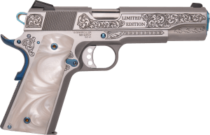 Cnc Firearms CNCTXBBQ Springfield 1911 Texas BBQ Limited Edition 45 ACP 7+1 5" Stainless Match Grade Barrel Serrated w/Engraved Scrollwork Stainless Slide Stainless Stainless Steel w/Nitre Blue Controls Frame Pearlized Polymer Grip