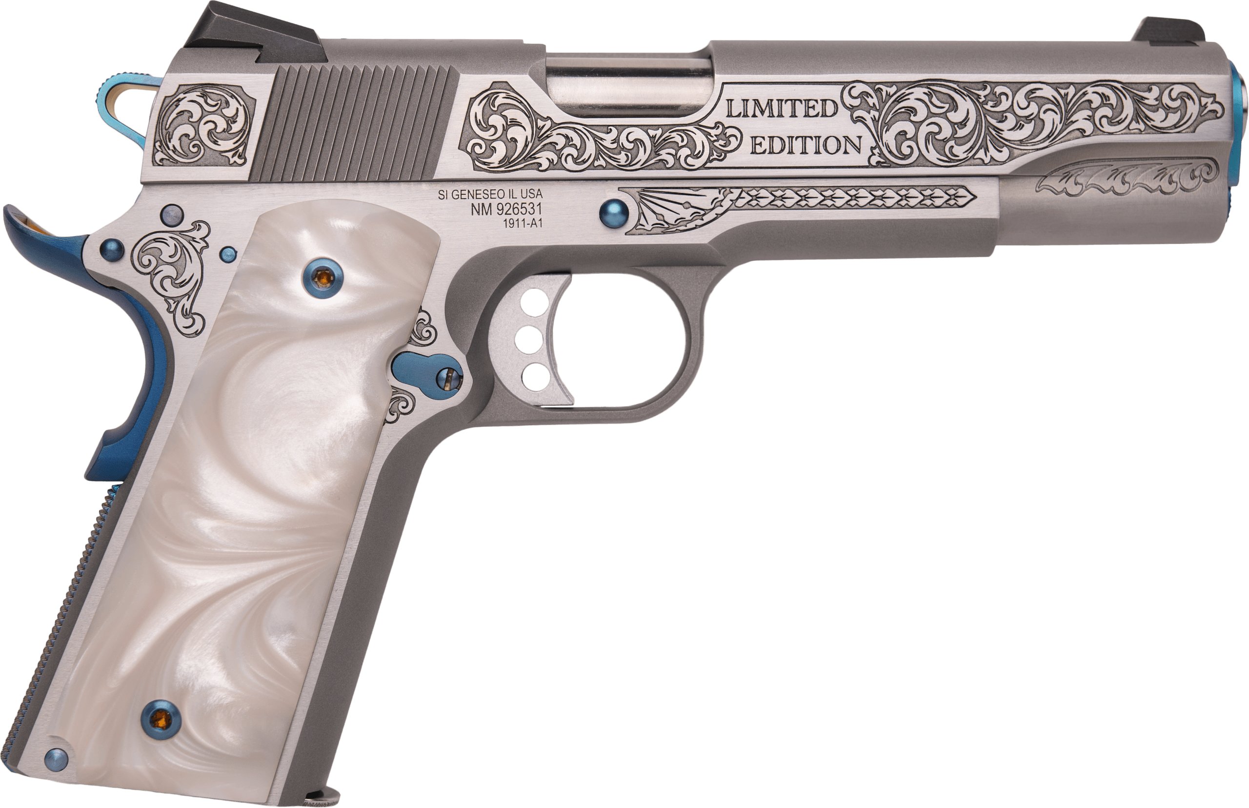 Cnc Firearms CNCTXBBQ Springfield 1911 Texas BBQ Limited Edition 45 ACP 7+1 5" Stainless Match Grade Barrel Serrated w/Engraved Scrollwork Stainless Slide Stainless Stainless Steel w/Nitre Blue Controls Frame Pearlized Polymer Grip