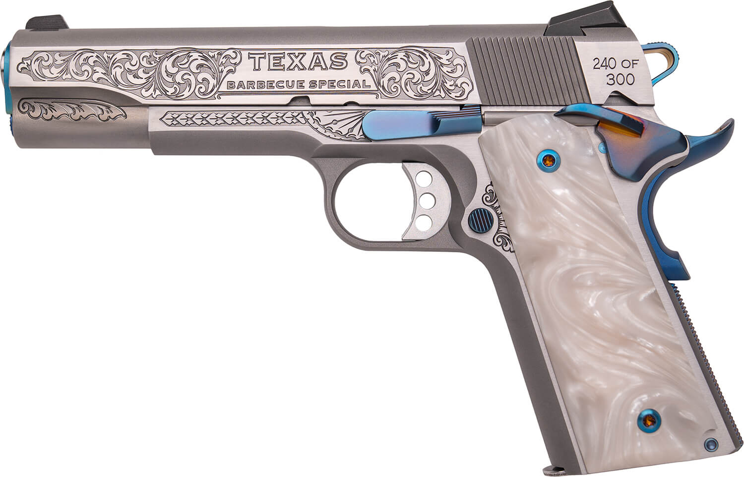 Cnc Firearms CNCTXBBQ Springfield 1911 Texas BBQ Limited Edition 45 ACP 7+1 5" Stainless Match Grade Barrel Serrated w/Engraved Scrollwork Stainless Slide Stainless Stainless Steel w/Nitre Blue Controls Frame Pearlized Polymer Grip - Image 2