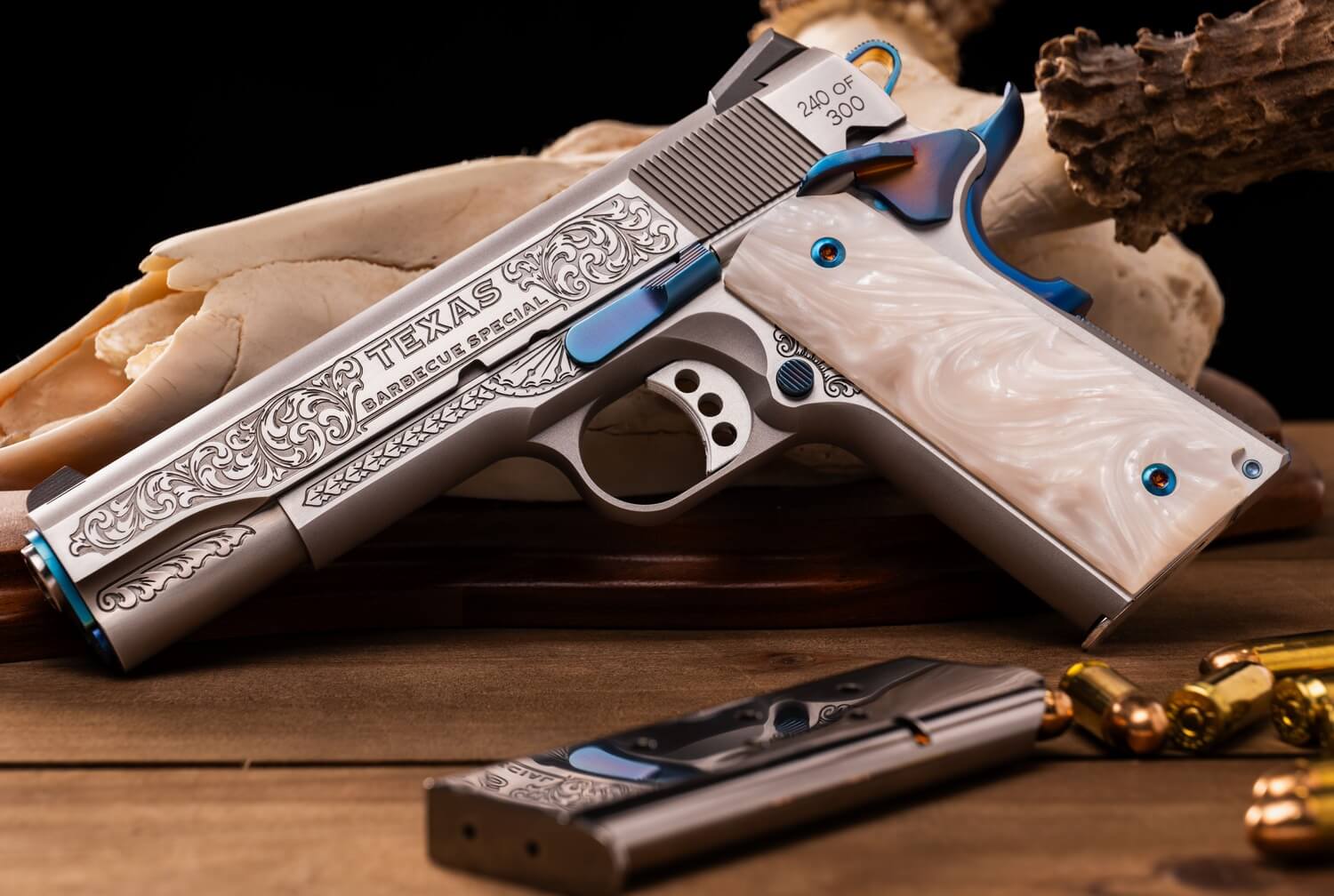 Cnc Firearms CNCTXBBQ Springfield 1911 Texas BBQ Limited Edition 45 ACP 7+1 5" Stainless Match Grade Barrel Serrated w/Engraved Scrollwork Stainless Slide Stainless Stainless Steel w/Nitre Blue Controls Frame Pearlized Polymer Grip - Image 3