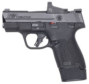 Smith & Wesson 14398 M&P Shield Plus Bundle Micro-Compact Frame 9mm Luger 10+1 15+1 3.10" Black Armornite Stainless Steel Barrel  Black Armornite Optic Ready/Serrated Slide  Matte Black Polymer Frame  Black Textured Grip  Crimson Trace 1500 Red Dot  Right