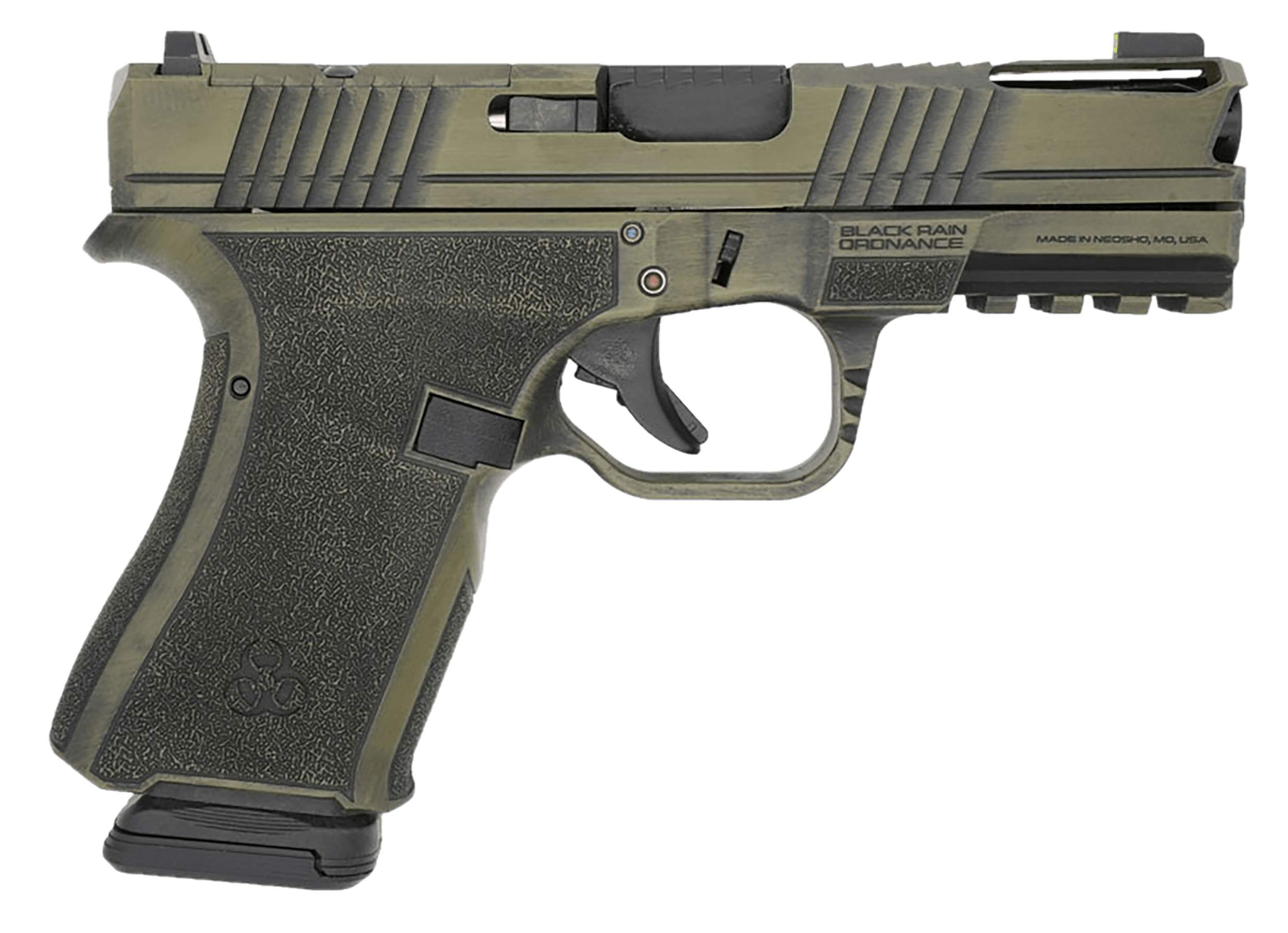 Black Rain Ordnance FLP9MMBGB Frontline+ Compact Frame 9mm Luger 15+1 4" Black Nitride Ported Steel Barrel Bazooka Green Battleworn Optic Ready/Ported/Serrated Stainless Steel Slide Bazooka Green Battleworn Polymer Frame w/Picatinny Rail & Grip
