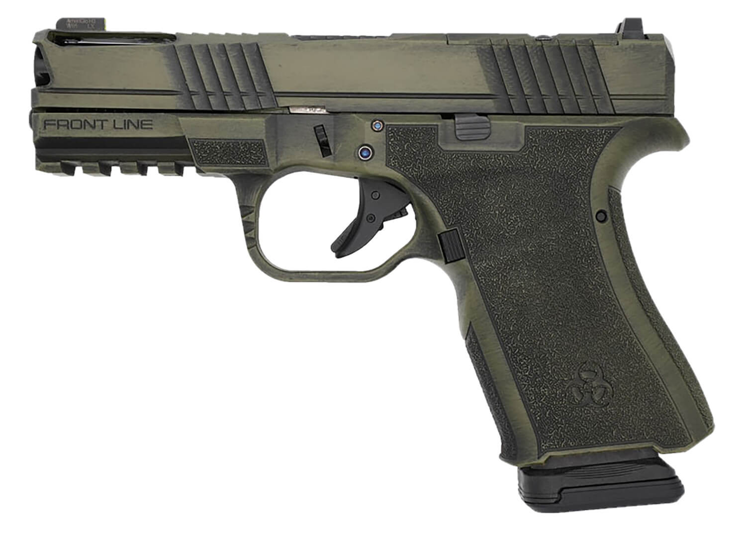 Black Rain Ordnance FLP9MMBGB Frontline+ Compact Frame 9mm Luger 15+1 4" Black Nitride Ported Steel Barrel Bazooka Green Battleworn Optic Ready/Ported/Serrated Stainless Steel Slide Bazooka Green Battleworn Polymer Frame w/Picatinny Rail & Grip - Image 2