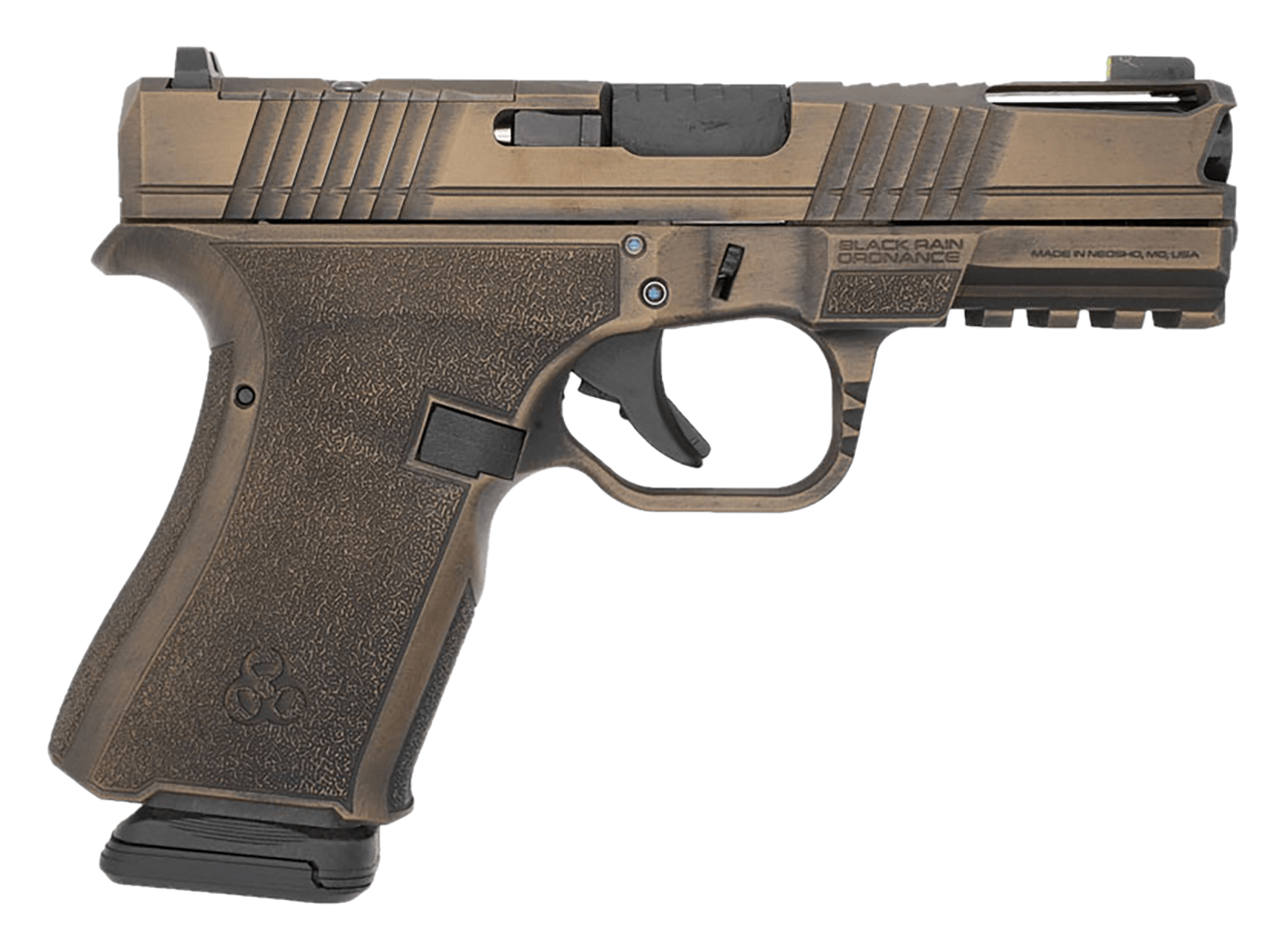 Black Rain Ordnance FLP9MMBB Frontline+ Compact Frame 9mm Luger 15+1 4" Black Nitride Ported Steel Barrel Burnt Bronze Battleworn Optic Ready/Ported/Serrated Stainless Steel Slide Burnt Bronze Battleworn Polymer Frame w/Picatinny Rail & Grip