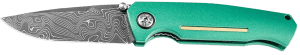 Boker 111102DAM   3.22" Drop Point Plain Damascus Blade Green Aluminum Handle