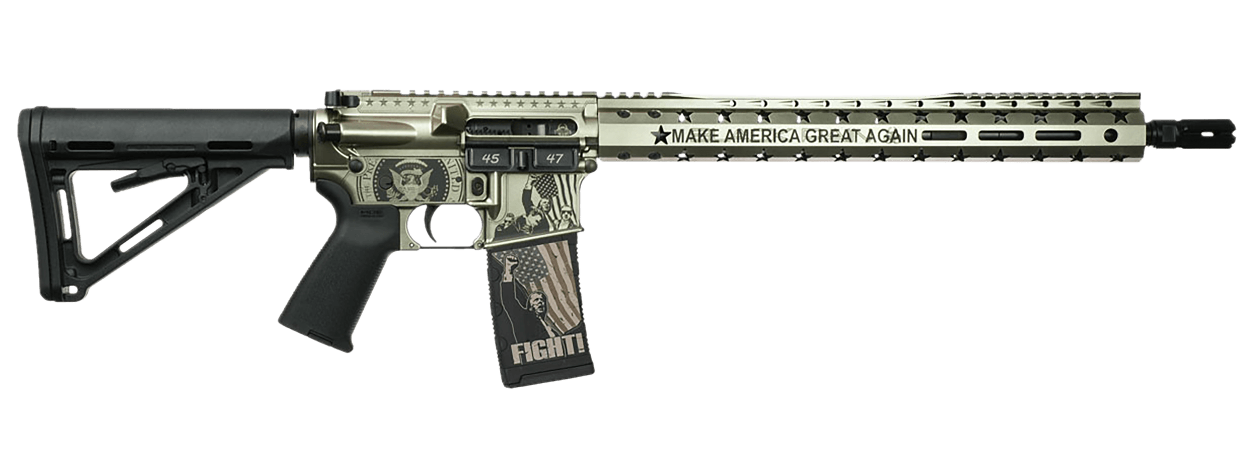 Black Rain Ordnance 24111203S Trump FX Custom Limited Edition 5.56 NATO 30+1 Black Nitride Steel Barrel Silver FX Aluminum Receiver "Make America Great Again" Etched 15" Slim M-LOK Handguard Magpul Black Polymer Stock & Grip