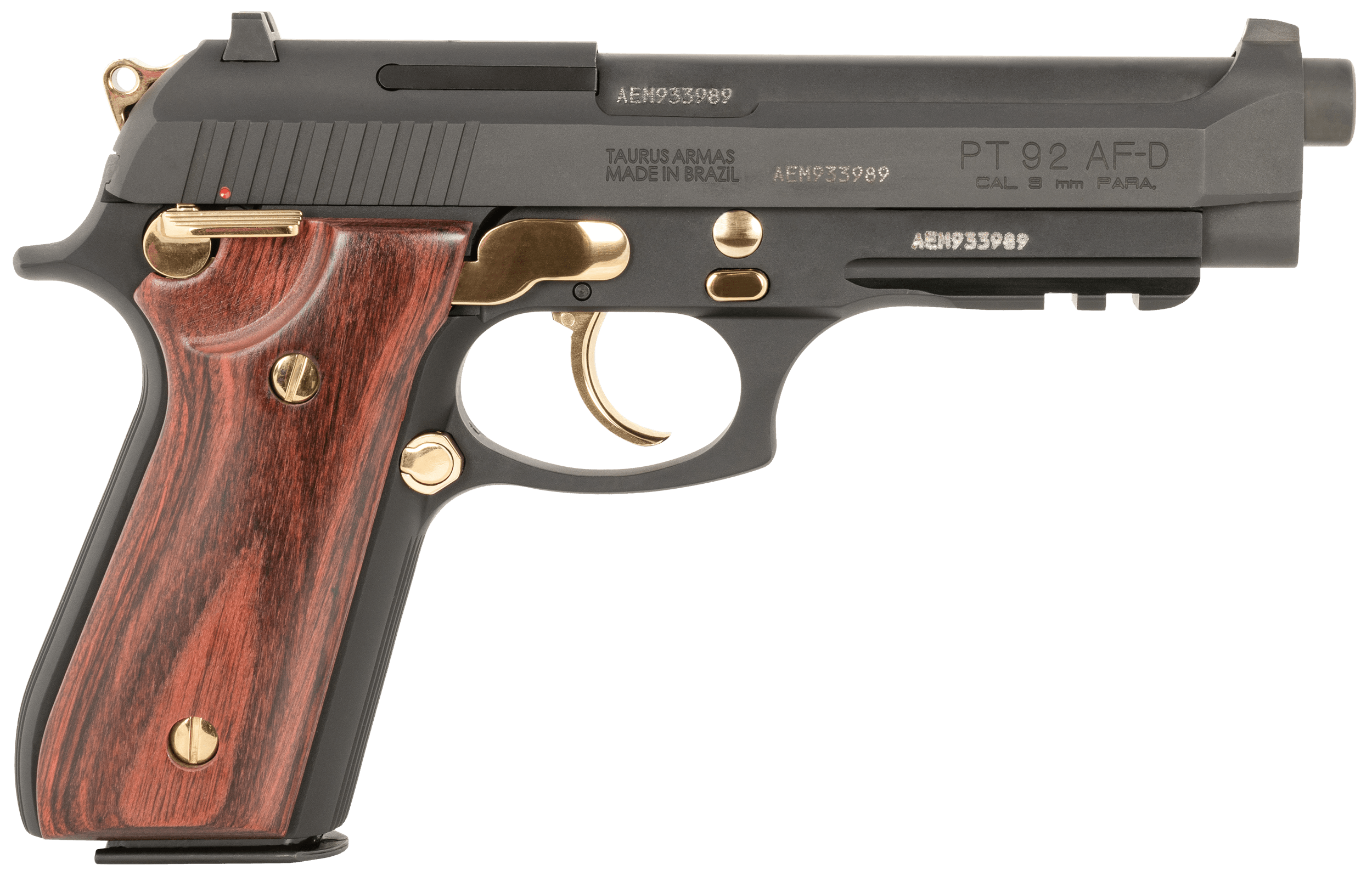 Taurus 1-920151GLD-HW1 92 Full Size Frame 9mm 17+1 5" Matte Stainless Steel Barrel Stainless Steel w/Gold Accents Stainless Aluminum Frame w/Picatinny Rail Wood Grip