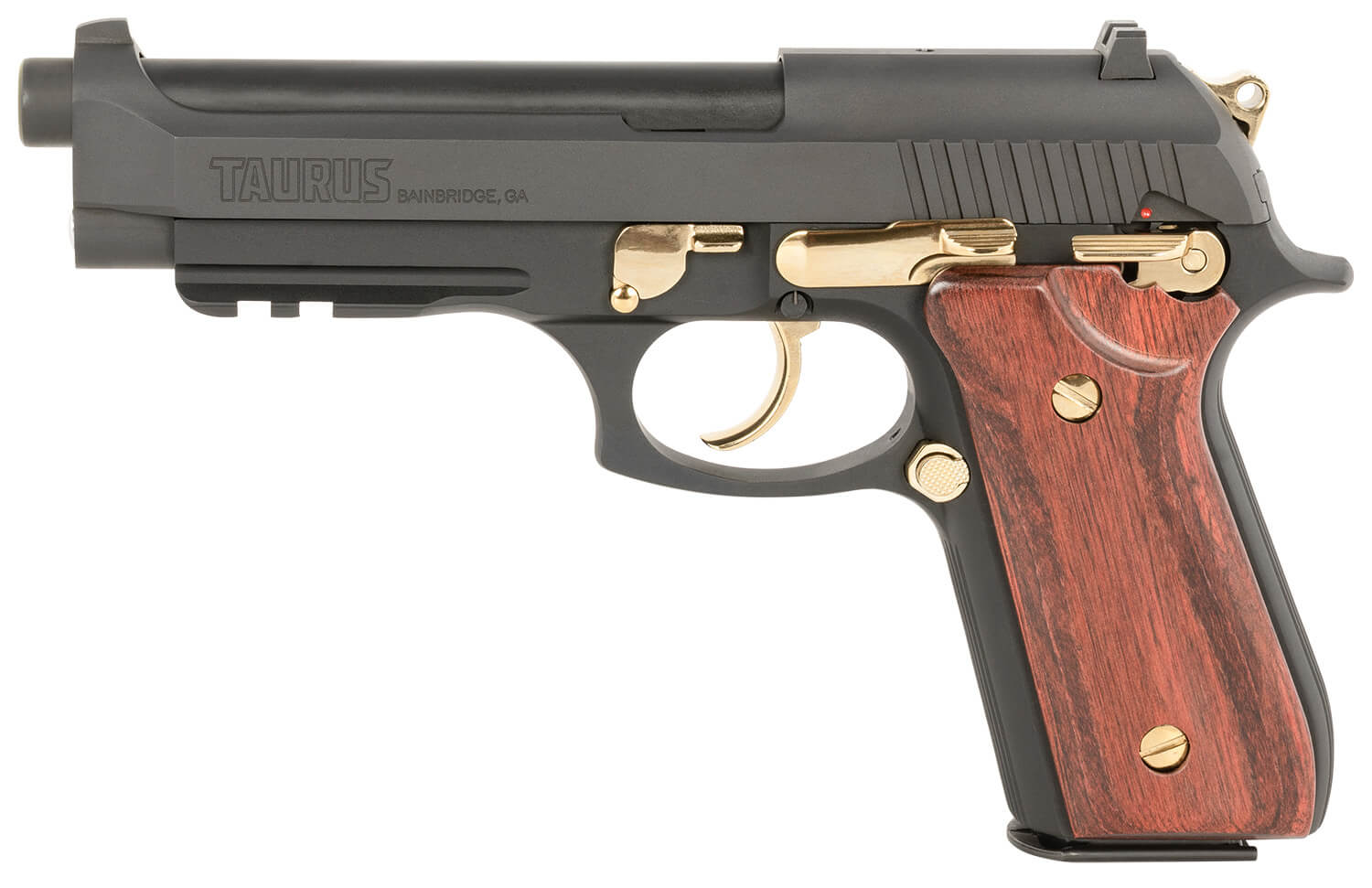 Taurus 1-920151GLD-HW1 92 Full Size Frame 9mm 17+1 5" Matte Stainless Steel Barrel Stainless Steel w/Gold Accents Stainless Aluminum Frame w/Picatinny Rail Wood Grip - Image 2