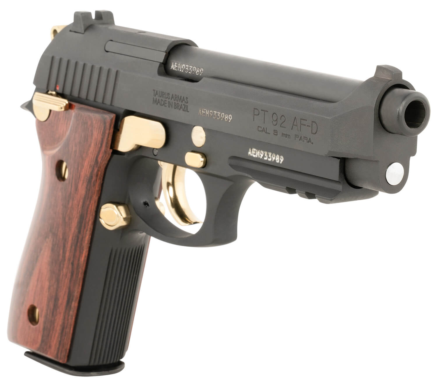 Taurus 1-920151GLD-HW1 92 Full Size Frame 9mm 17+1 5" Matte Stainless Steel Barrel Stainless Steel w/Gold Accents Stainless Aluminum Frame w/Picatinny Rail Wood Grip - Image 3