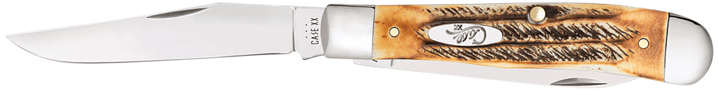 Case 03573 Trapper 3.25" Folding Clip Point/Spey Plain Mirror Polished Tru-Sharp SS Blades Burnt Dark Amber 6.5 BoneStag Handle