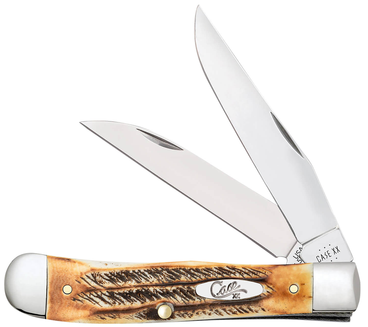 Case 03573 Trapper 3.25" Folding Clip Point/Spey Plain Mirror Polished Tru-Sharp SS Blades Burnt Dark Amber 6.5 BoneStag Handle - Image 3