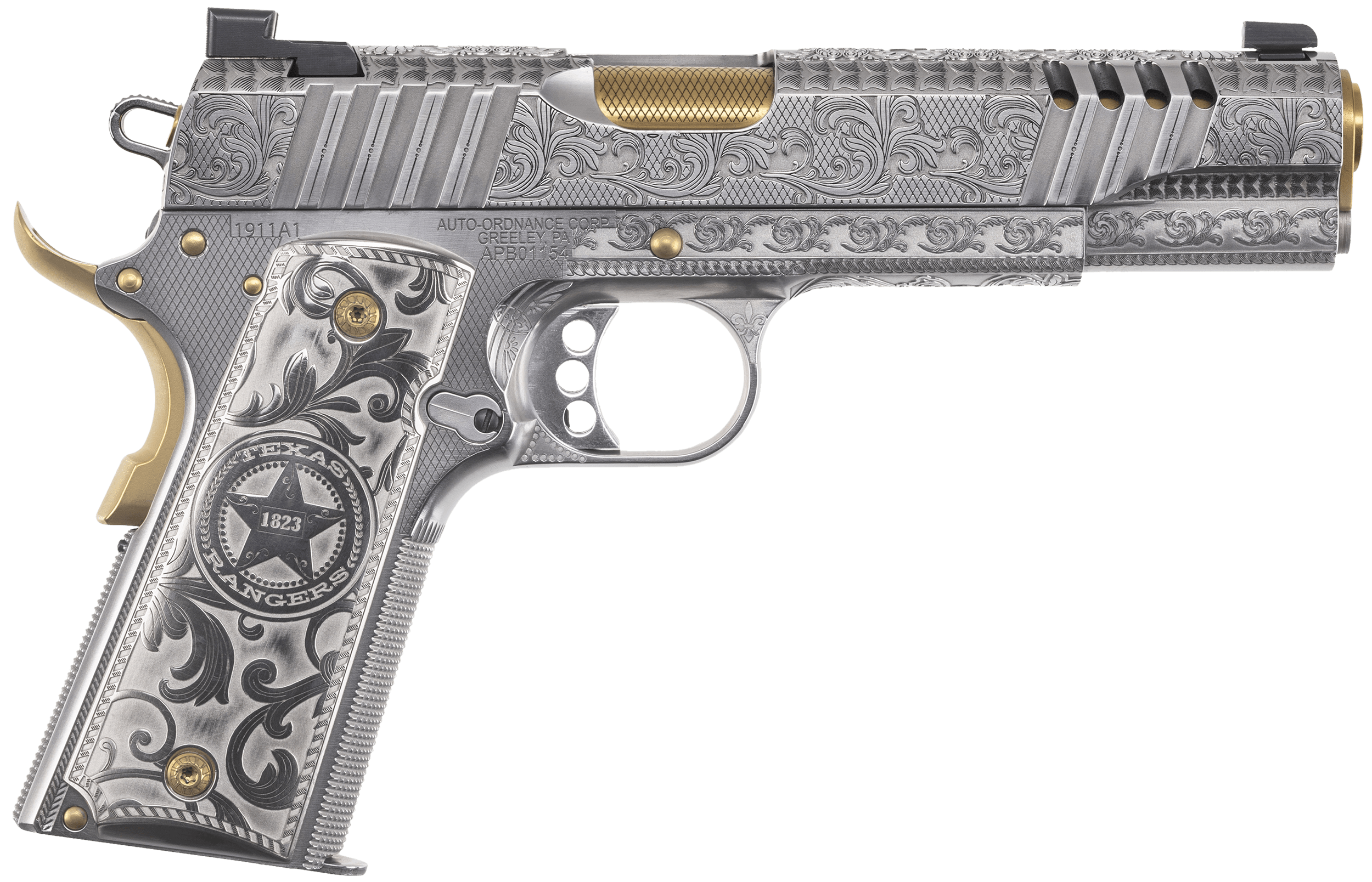 Auto-Ordnance 1911TCAC17 Texas Ranger Special Edition 45 ACP 7+1 5" Gold Plated PVD Stainless Steel Barrel Stainless Steel Engraved/Ported/Serrated Slide Stainless Steel w/Gold Accents Frame w/Beavertail