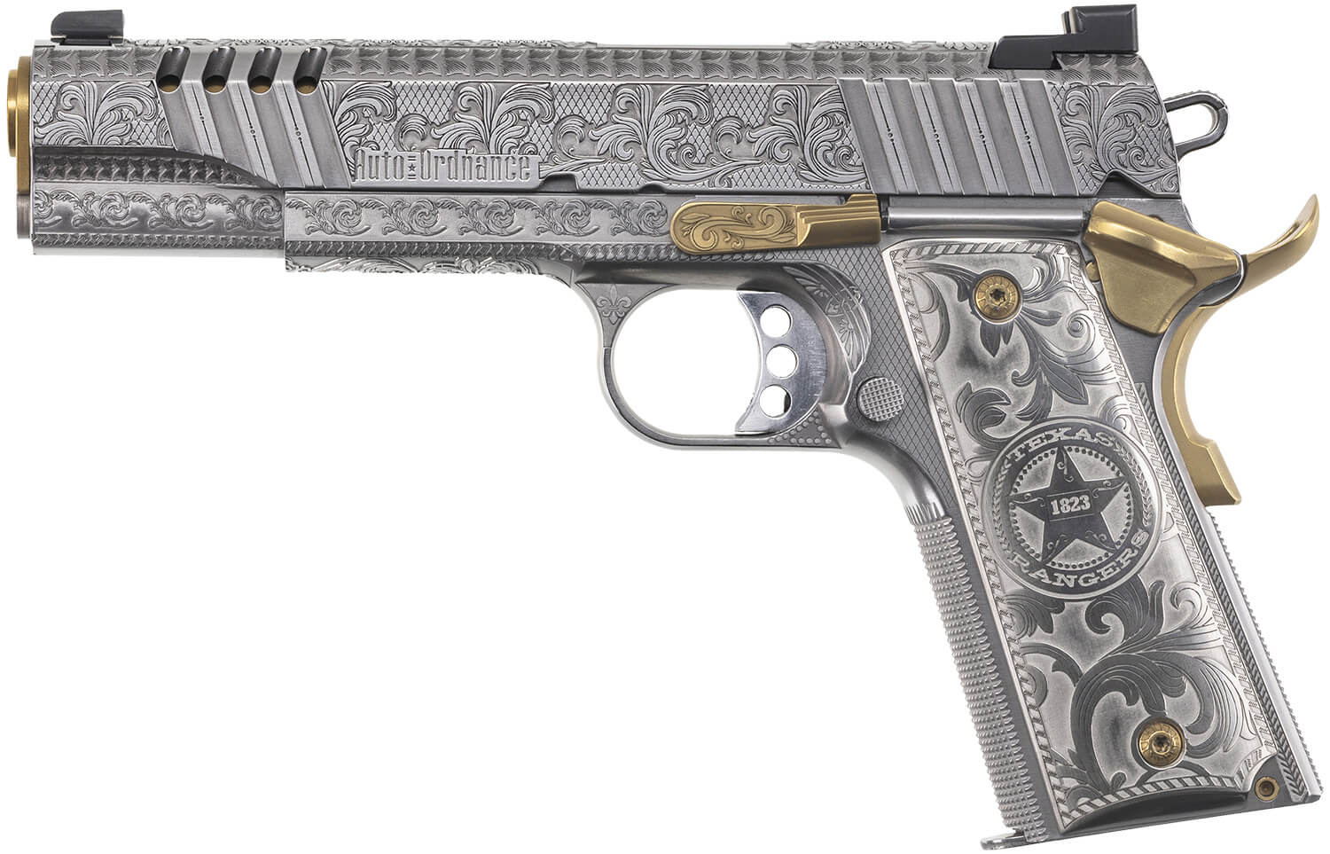 Auto-Ordnance 1911TCAC17 Texas Ranger Special Edition 45 ACP 7+1 5" Gold Plated PVD Stainless Steel Barrel Stainless Steel Engraved/Ported/Serrated Slide Stainless Steel w/Gold Accents Frame w/Beavertail - Image 2