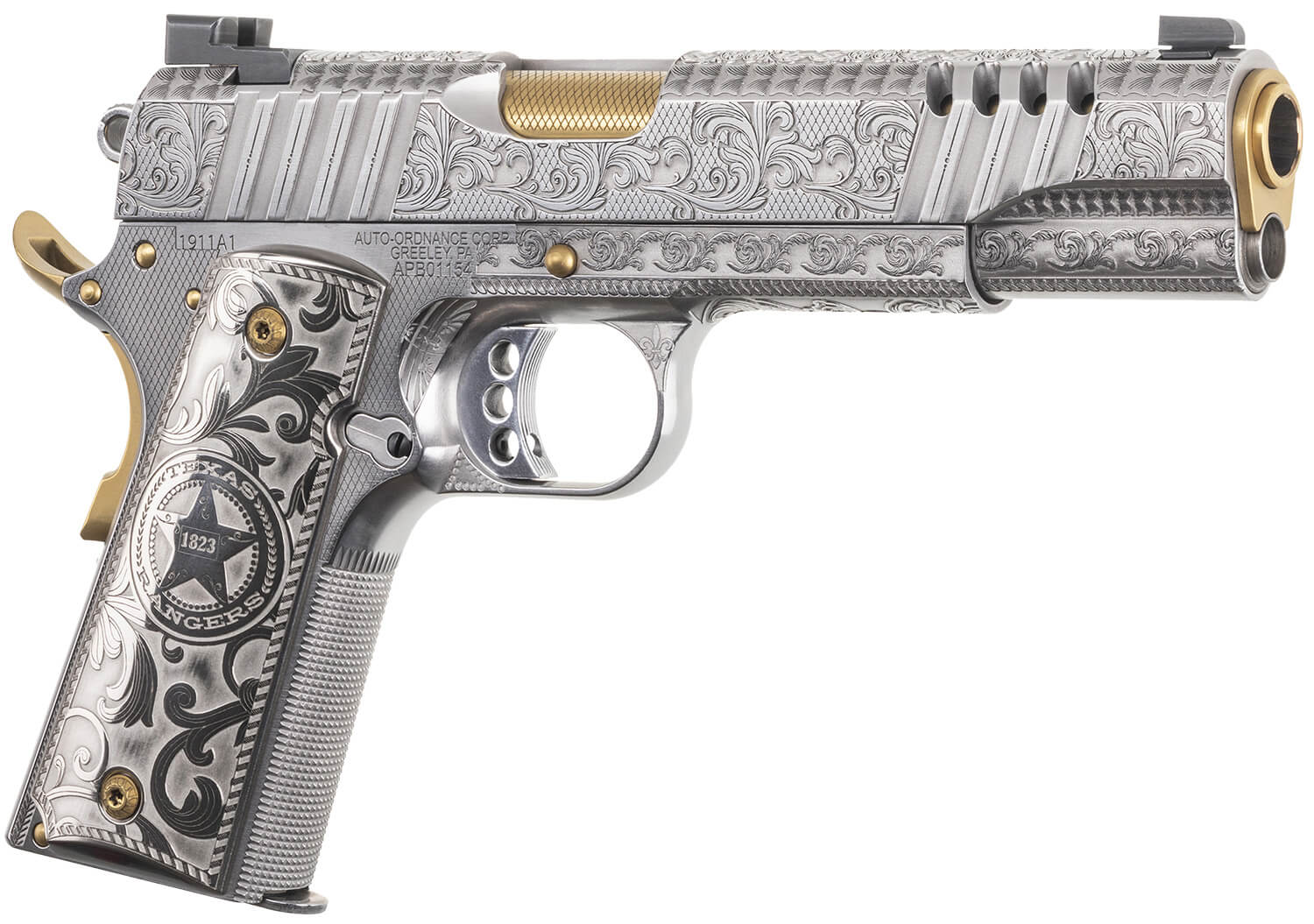 Auto-Ordnance 1911TCAC17 Texas Ranger Special Edition 45 ACP 7+1 5" Gold Plated PVD Stainless Steel Barrel Stainless Steel Engraved/Ported/Serrated Slide Stainless Steel w/Gold Accents Frame w/Beavertail - Image 3