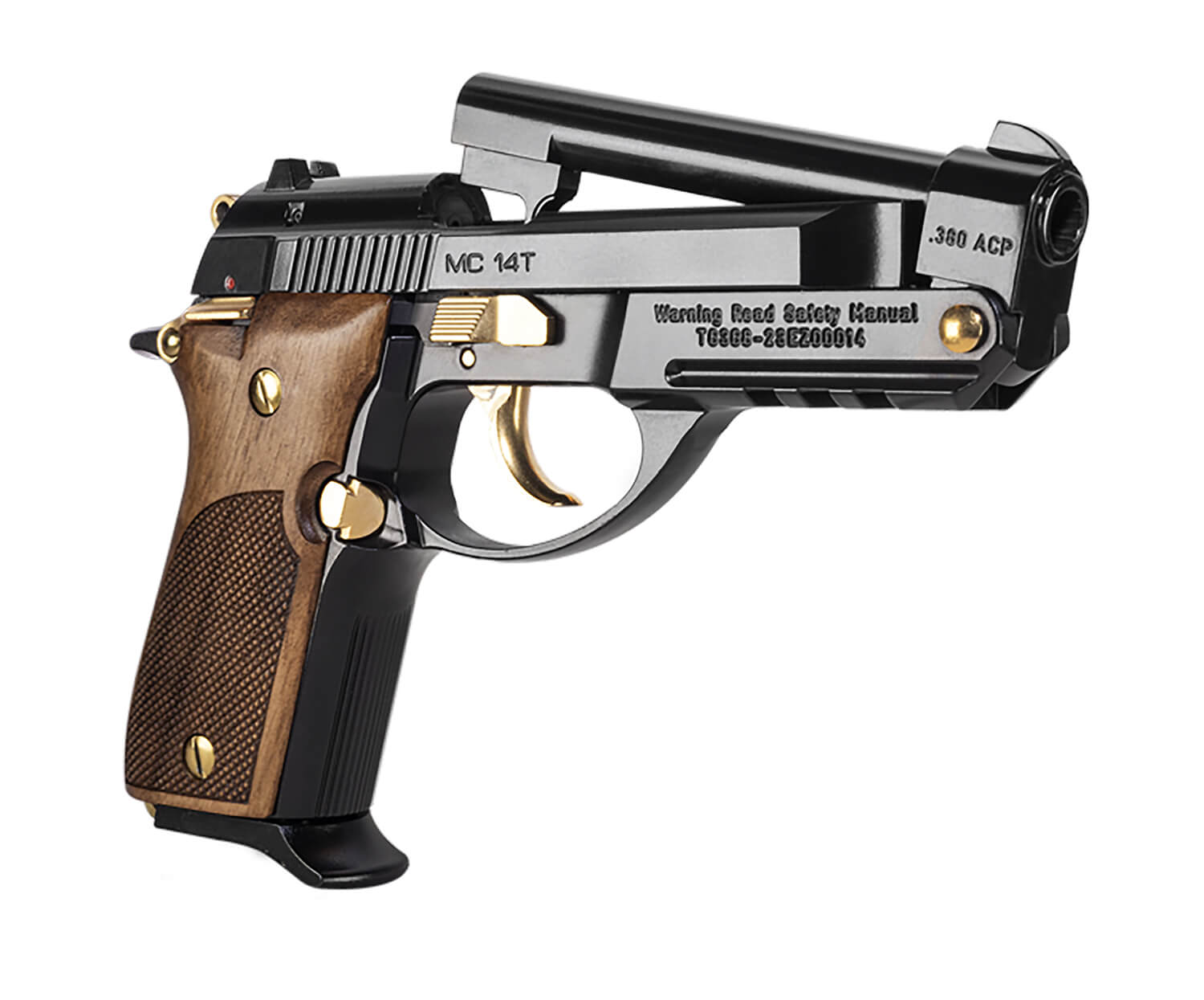 Girsan 390875 MC 14T Solution Compact Frame 380 ACP 13+1 4.50" Black Steel Tip-Up Barrel Black Gloss Serrated Steel Slide Black Gloss w/Gold Accents Aluminum Frame w/Picatinny Rail Black Polymer Grip - Image 3