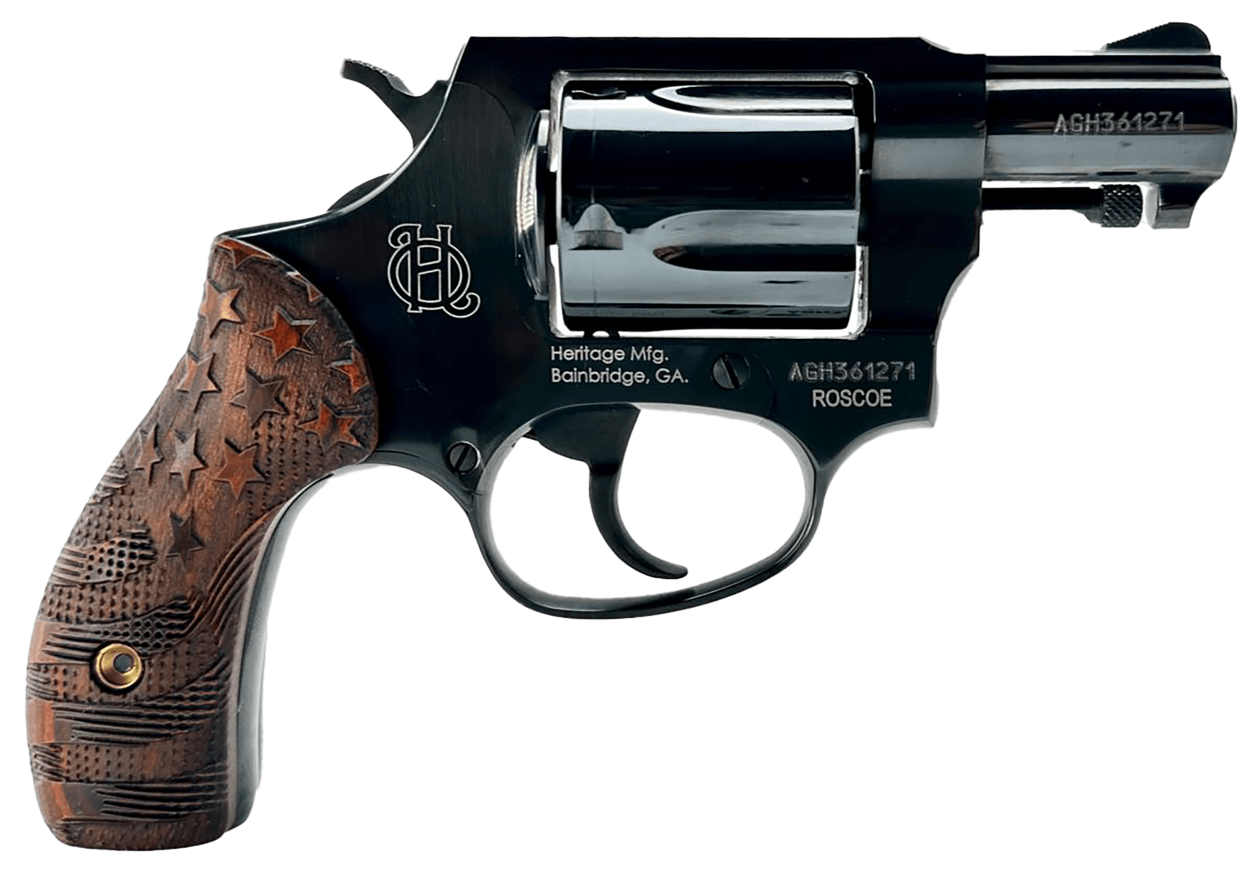 Heritage Mfg HR38B3-US1 Roscoe Small 38 Special +P 5 Shot 3" Black Polished Alloy Steel Barrel Cylinder & Frame Custom Designed Wood Grip w/Stars & Stripes Transfer Bar Safety Exposed Hammer