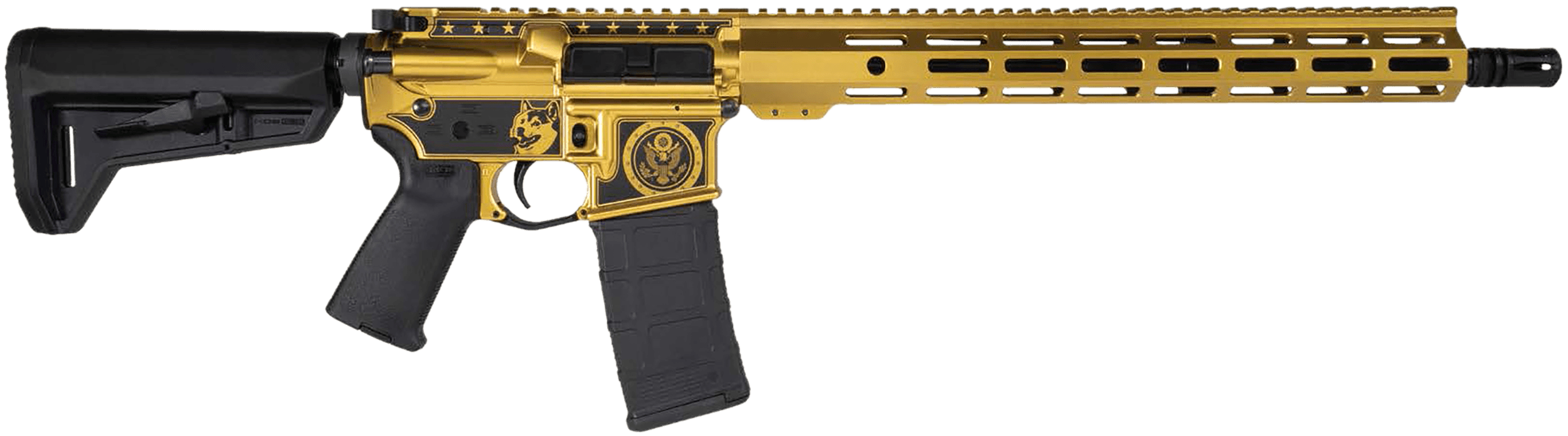 Shark Coast Tactical DGEAR100580 D.O.G.E. 556 Nato 30+1 16" Black Nitride Threaded Barrel Gold Cerakote w/D.O.G.E. Engraving Picatinny Rail Aluminum Receiver M-LOK Handguard Magpul SL-K Black Polymer Stock Black Polymer Grip Right Hand