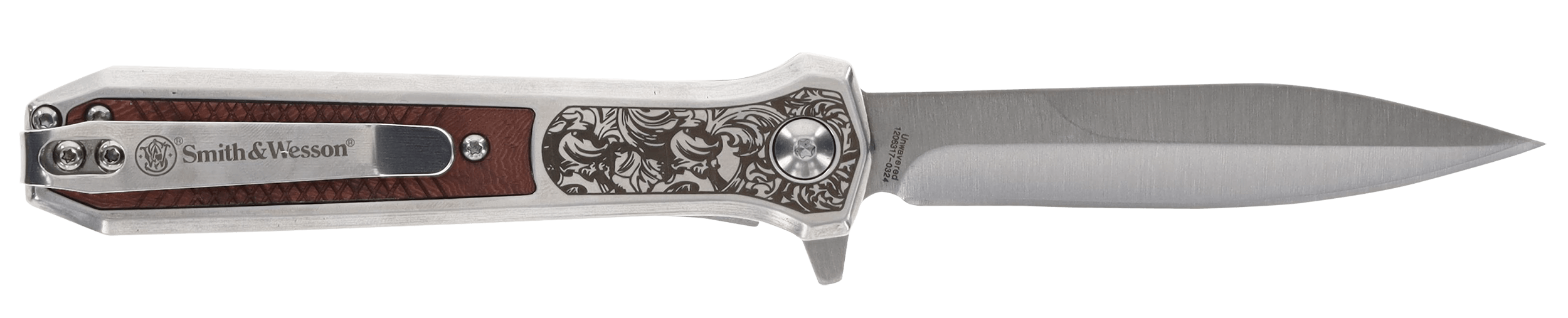 Smith & Wesson Knives 1205011 Unwavered 3.50" Folding Dagger Plain Stonewashed 8Cr13MoV SS Blade 4.25" Rosewood w/SS Scales Handle