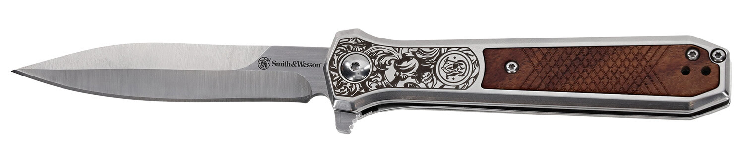 Smith & Wesson Knives 1205011 Unwavered 3.50" Folding Dagger Plain Stonewashed 8Cr13MoV SS Blade 4.25" Rosewood w/SS Scales Handle - Image 2