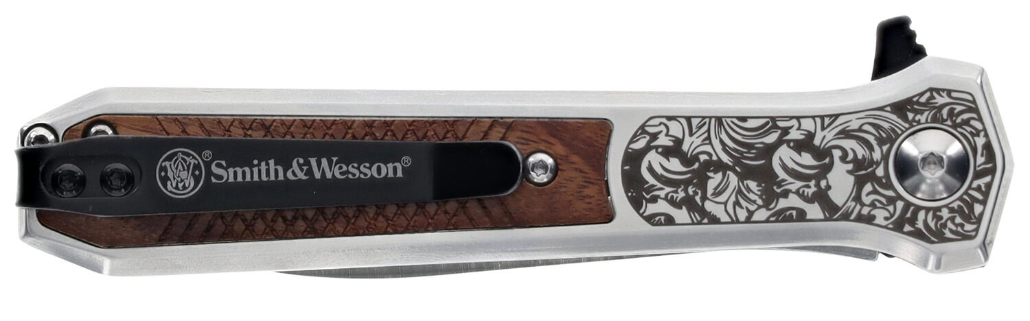 Smith & Wesson Knives 1205011 Unwavered 3.50" Folding Dagger Plain Stonewashed 8Cr13MoV SS Blade 4.25" Rosewood w/SS Scales Handle - Image 3
