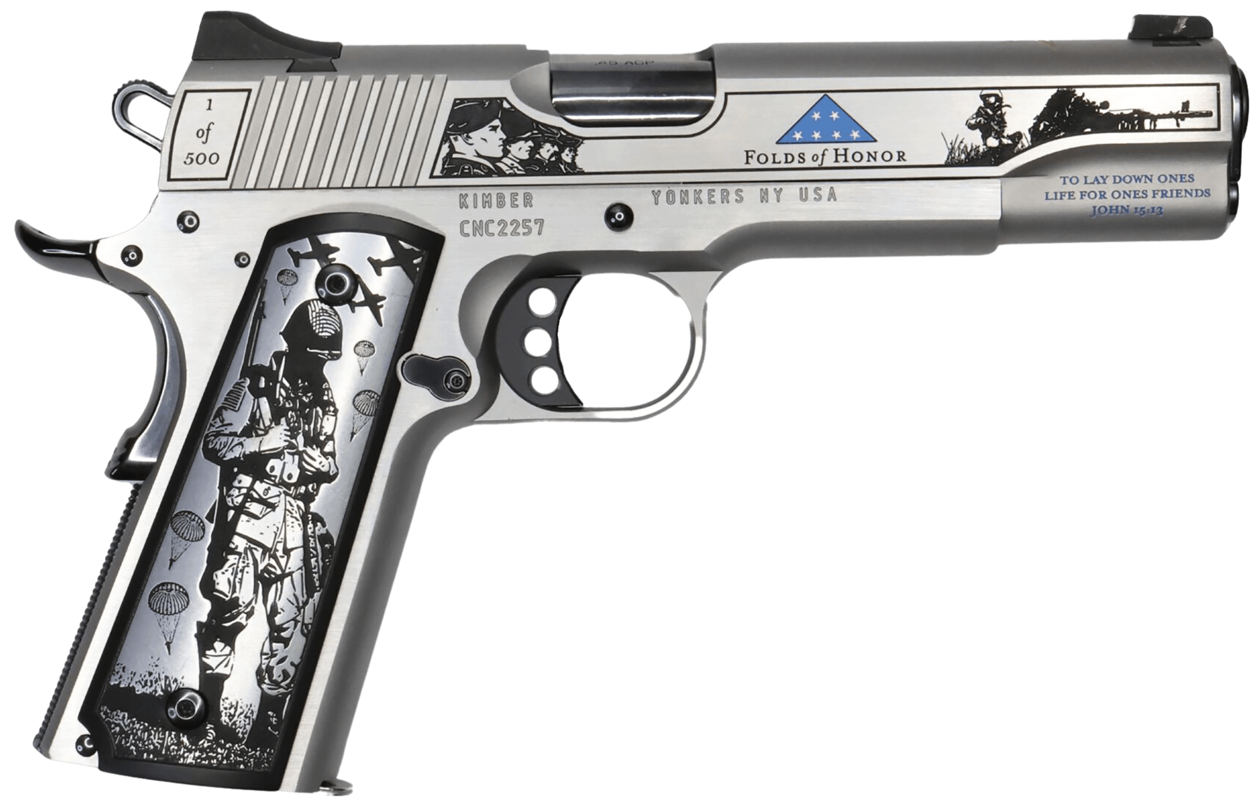 Cnc Firearms CNCFOLDSHONOR Kimber 1911 Folds Of Honor Limited Edition 45 ACP 7+1 5" Match Grade Barrel Engraved/Serrated Stainless Steel Slide Stainless Steel Frame w/Beavertail Scenic Aluminum Grip