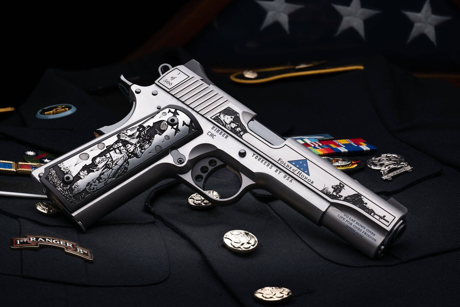 Cnc Firearms CNCFOLDSHONOR Kimber 1911 Folds Of Honor Limited Edition 45 ACP 7+1 5" Match Grade Barrel Engraved/Serrated Stainless Steel Slide Stainless Steel Frame w/Beavertail Scenic Aluminum Grip - Image 2