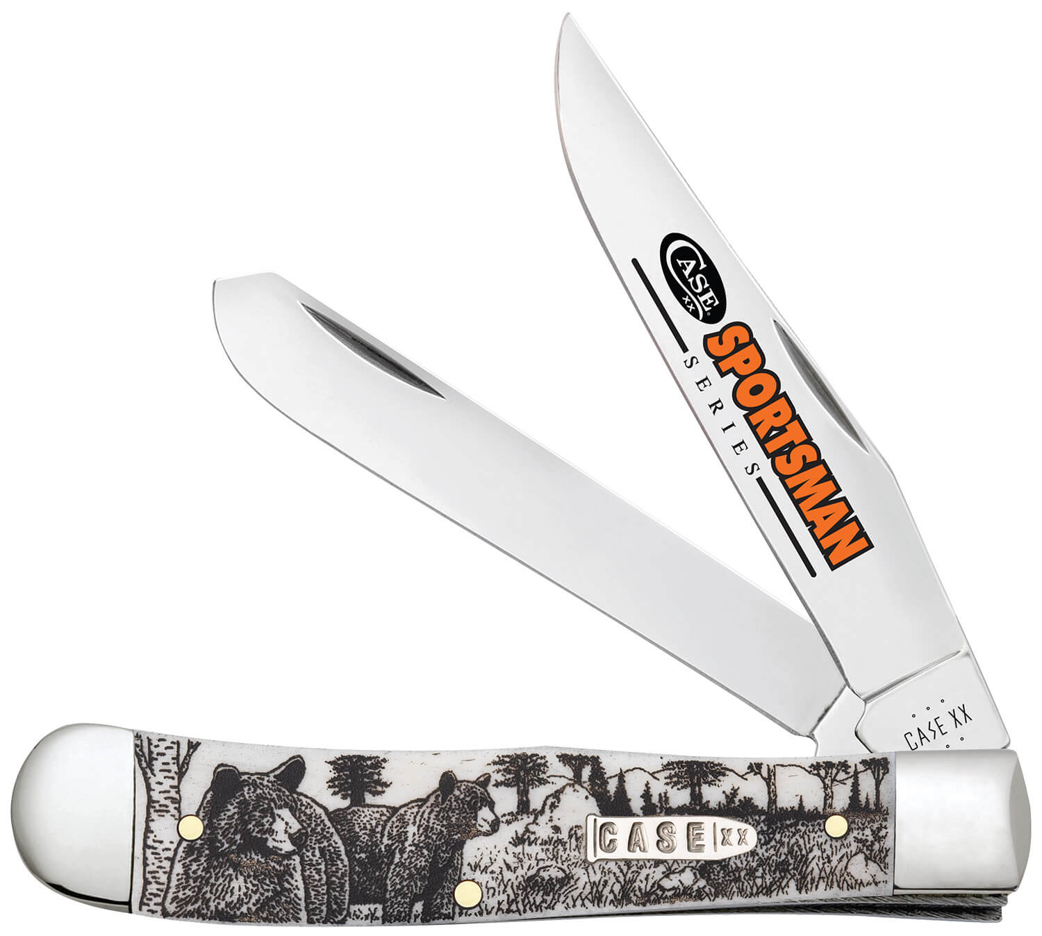 Case 81223 Sportsman Trapper 3.24" Clip/3.27"Spey Folding Plain Mirror Polished Tru-Sharp SS Blade Bear Wildlife Engraving Natural Bone Handle - Image 2