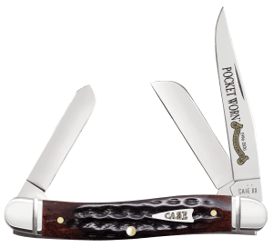 Case 55232 Pocket Worn Stockman Medium Folding Clip Point/Pen/Sheepsfoot Plain Tru-Sharp SS Blade  Mahogany Corn Cob Jigged Bone Handle
